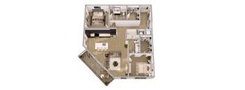 A 3D floor plan of a house with a kitchen, living room, and two bedrooms.