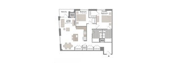 A floor plan of a house with a living room, two bedrooms, a balcony, and a mech.
