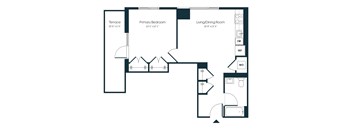 A black and white image of a floor plan for a house with a terrace, primary bedroom, and living/dining room.