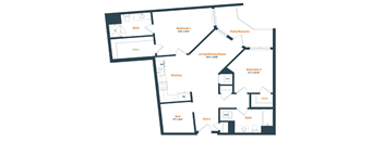 A floor plan of a house with two bedrooms, a living/dining room, a kitchen, a bath, a pantry, and a closet.