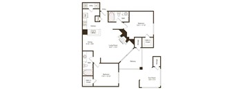 A floor plan of a home with a living room, dining room, kitchen, two bedrooms, a bathroom, a balcony, and a sun room.