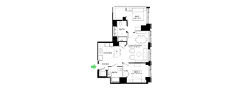A floor plan of a house with a living room, dining room, kitchen, two bedrooms, a bathroom, and a foyer.