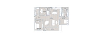 A floor plan of a house with a living room, two bedrooms, a study, a kitchen, a bathroom, a pantry, and a balcony.