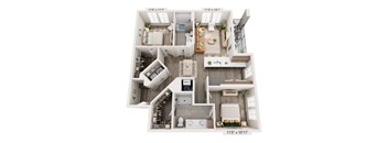 A floor plan of a two-bedroom apartment with a living room, kitchen, and bathroom.