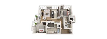 A top-down view of a small, well-organized apartment with a kitchen, living room, and bathroom.