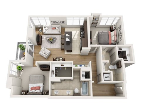 A top-down view of a small, well-organized apartment with a kitchen, living room, and bathroom.