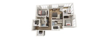 A top-down view of a small apartment layout with a kitchen, living room, and bedrooms.