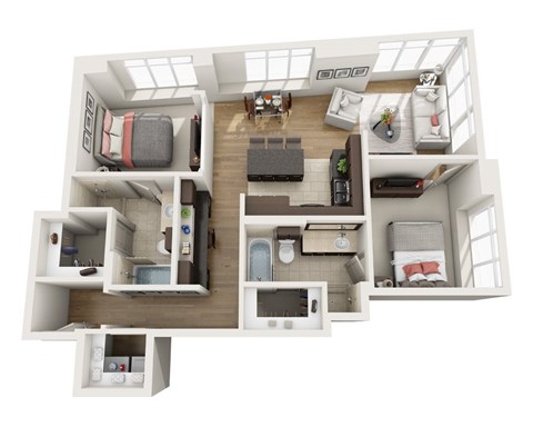 A top-down view of a small apartment layout with a kitchen, living room, and bedrooms.