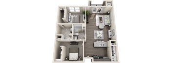A 3D floor plan of a modern apartment layout.