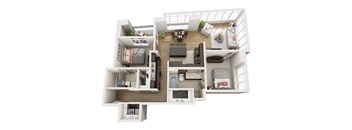 A 3D floor plan of a small apartment with a kitchen, living room, and bathroom.