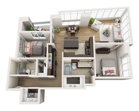 A 3D floor plan of a small apartment with a kitchen, living room, and bathroom.