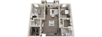 A 3D floor plan of a two-bedroom apartment with a living room, kitchen, and bathroom.
