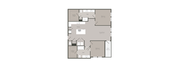 A floor plan of an apartment with a living room, kitchen, and three bedrooms.