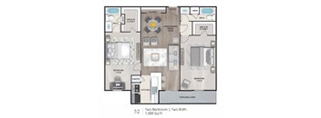 A floor plan of a two bedroom, two bath apartment.