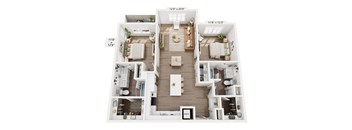 A floor plan of a two-bedroom apartment with a living room, kitchen, and bathroom.