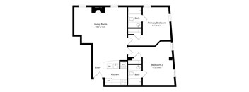 A black and white image of a floor plan for a home with a living room, kitchen, two bathrooms, and two bedrooms.