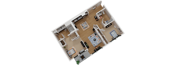 A top-down view of a house layout with a kitchen, living room, dining area, and bedrooms.
