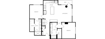 A black and white floor plan of a house with a living room, dining room, kitchen, two bedrooms, two bathrooms, and a pantry.