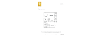 A floor plan for a 2x2+Den apartment with a living room, two bedrooms, a kitchen, a bathroom, and a laundry area.