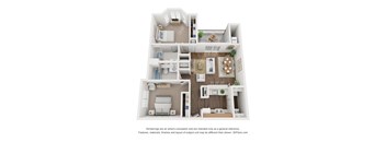 A 3D floor plan of a house with a kitchen, living room, and bathroom.