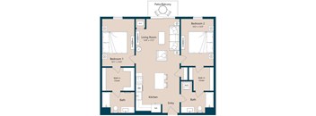 A floor plan of a house with two bedrooms, a living room, a kitchen, and a bathroom.