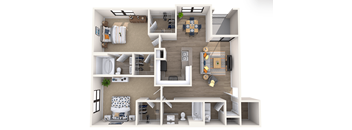 A 3D floor plan of a small apartment with a kitchen, living room, and bedrooms.