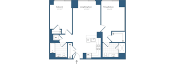 A floor plan of a home showing three bedrooms and a living/dining room.