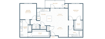 A floor plan of a house with a master bedroom, a balcony, a dining area, and a living room.