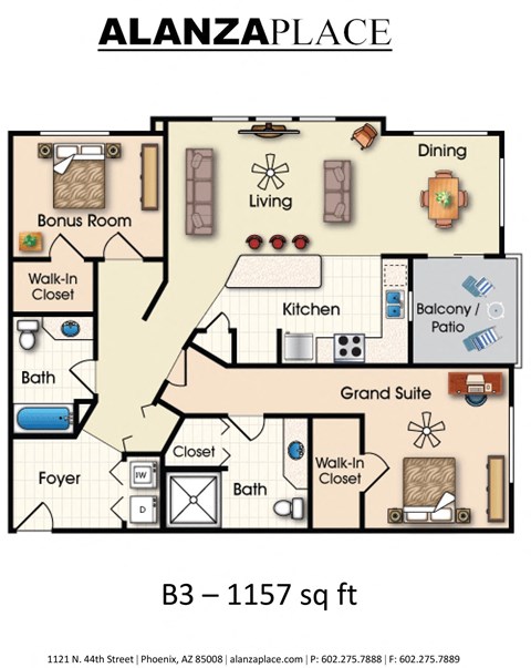 Two bedroom two bathroom 1,157 Sq.Ft. B Floor Plan at Alanza Place, Phoenix, AZ