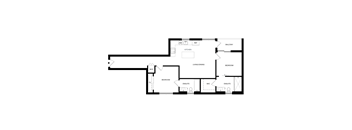 A floor plan of a house with a kitchen, living room, dining room, and two bedrooms.