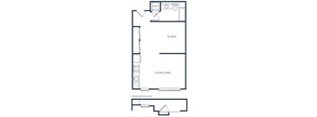 a floor plan of a small house with a bedroom and a kitchen