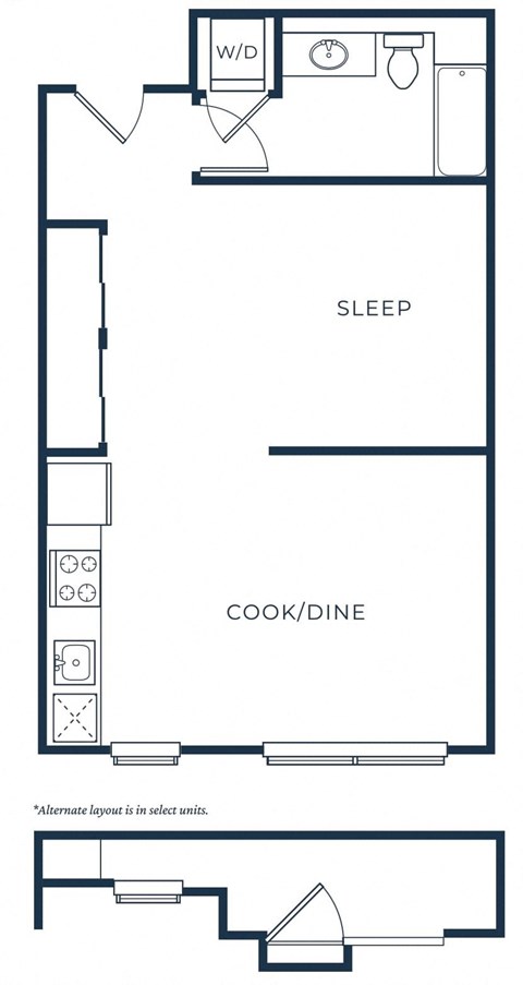 a floor plan of a small house with a bedroom and a kitchen