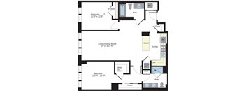 A floor plan of a home with two bedrooms, a living/dining room, a kitchen, a bath, and a laundry area.