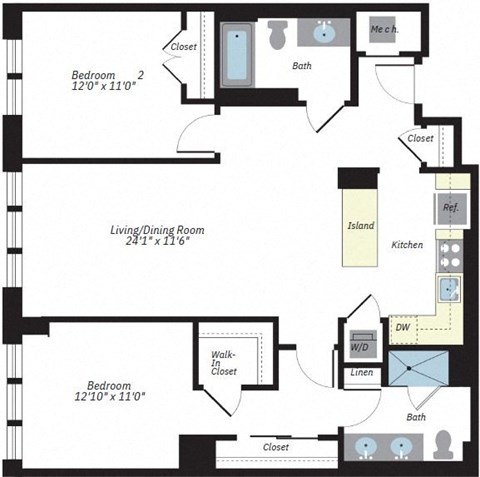 A floor plan of a home with two bedrooms, a living/dining room, a kitchen, a bath, and a laundry area.