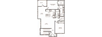 A floor plan of a home with a living room, dining room, kitchen, and two bedrooms.