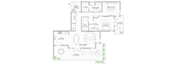 A floor plan of a house with a living room, kitchen, and two bathrooms.