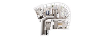 A top down view of a modern, white, open-concept living space.