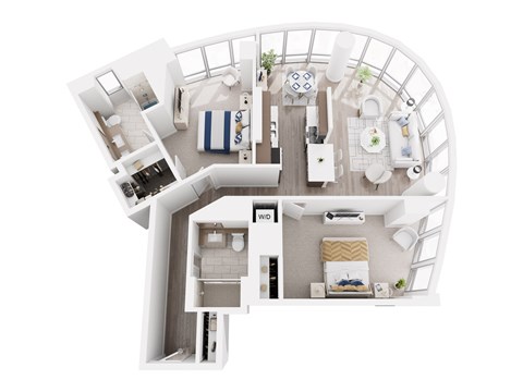 A top down view of a modern, white, open-concept living space.