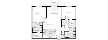 A floor plan of a house with a balcony, two bedrooms, a living room, a dining area, a kitchen, two bathrooms, and three closets.