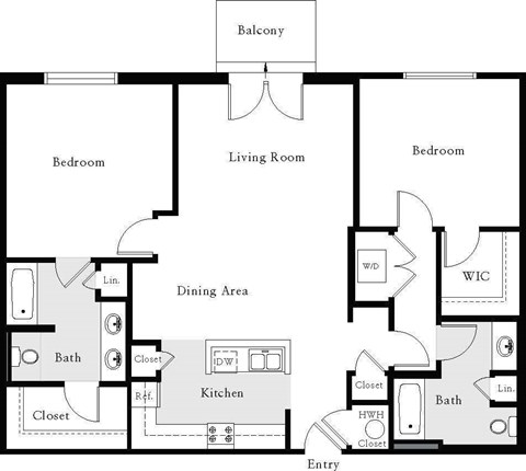 A floor plan of a house with a balcony, two bedrooms, a living room, a dining area, a kitchen, two bathrooms, and three closets.
