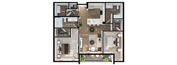 A floor plan of an apartment with a living room, kitchen, and two bathrooms.