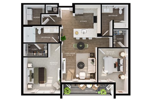 A floor plan of an apartment with a living room, kitchen, and two bathrooms.