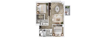 A top-down view of a small apartment layout with a kitchen, living room, and bathroom.