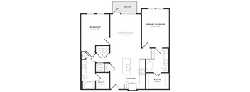 A black and white image of a floor plan for a home with a balcony, two bedrooms, a living/dining area, a kitchen, and two walk-in closets.