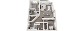 A 3D floor plan of a house with labeled rooms.