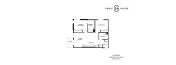 A floor plan for a gable house with two bedrooms and two bathrooms.