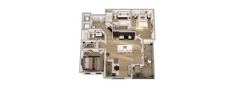 A top down view of a house layout with a kitchen, living room, dining room, and bedrooms.