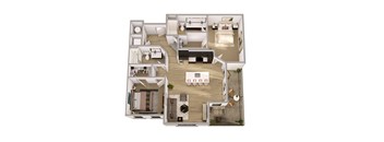 A floor plan of a house with a kitchen, living room, and two bedrooms.