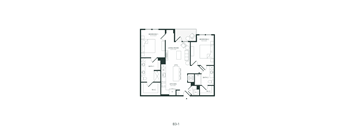 A black and white floor plan of a house with two bedrooms, a living room, a kitchen, and two bathrooms.