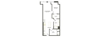 A floor plan of a room with a bedroom, living/dining area, kitchen, and bathroom.